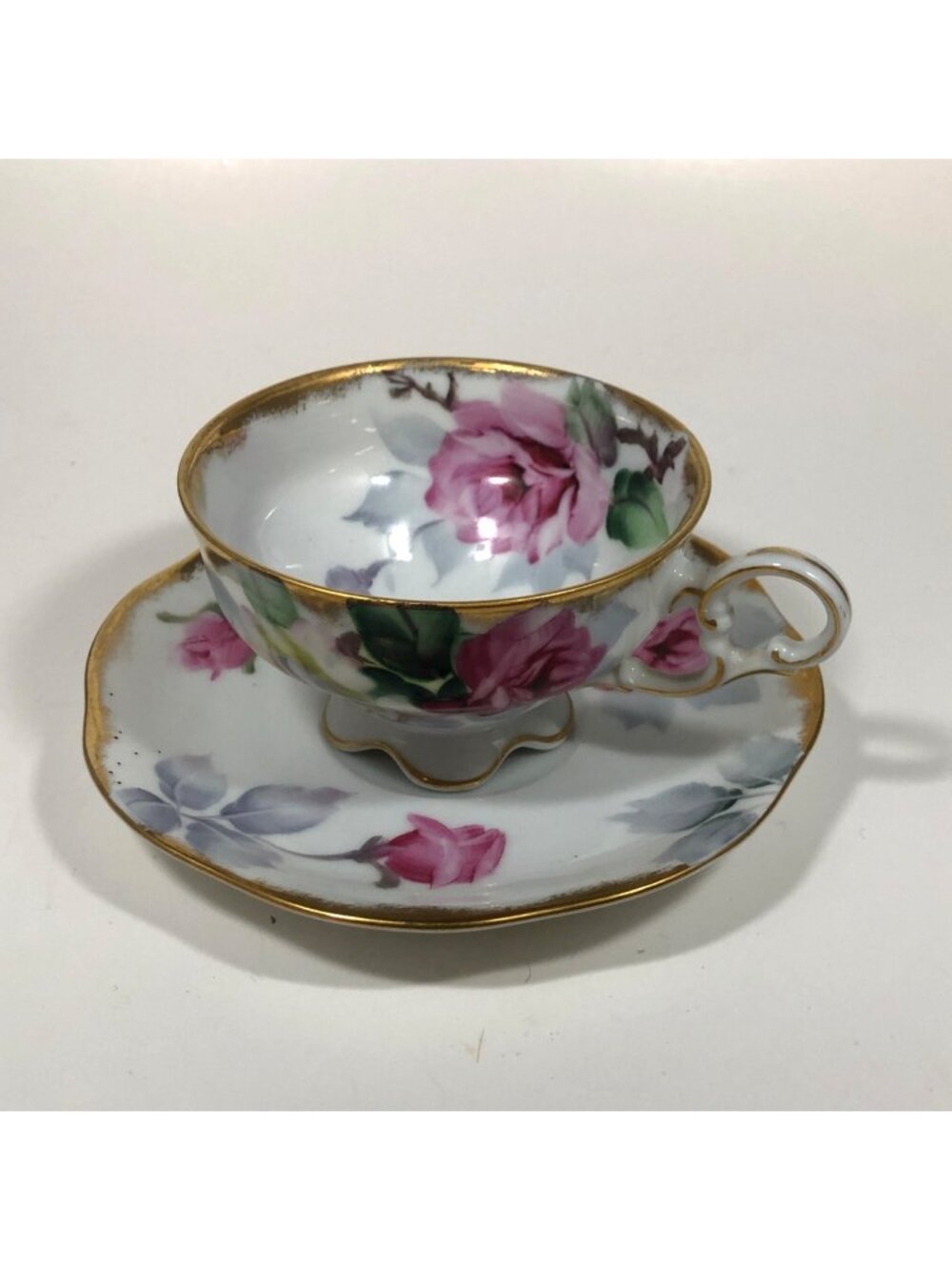 Lefton China Cup and Saucer Vintage Hand painted WK912 Pink Rose Gold Trim